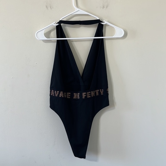 Savage X Fenty Rose Gold Logo Halter Plunge Bodysuit Black Caviar Size M - Picture 7 of 11